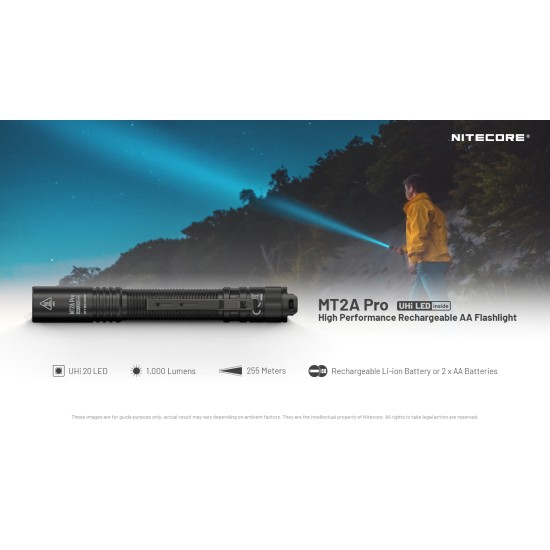 Nitecore MT2A Pro - Next Generation Compact EDC Flashlight, NEW UHi-LED, USB-C Rechargeable Battery or 2xAA (1000 Lumens, 255mts)