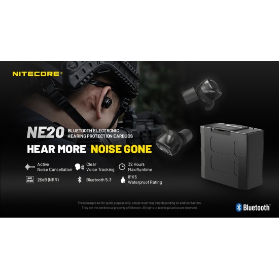 Nitecore NE20 Tactical Bluetooth Electronic Hearing Protection Earbuds, Active Noise Cancellation 82dB (Black/Tan)