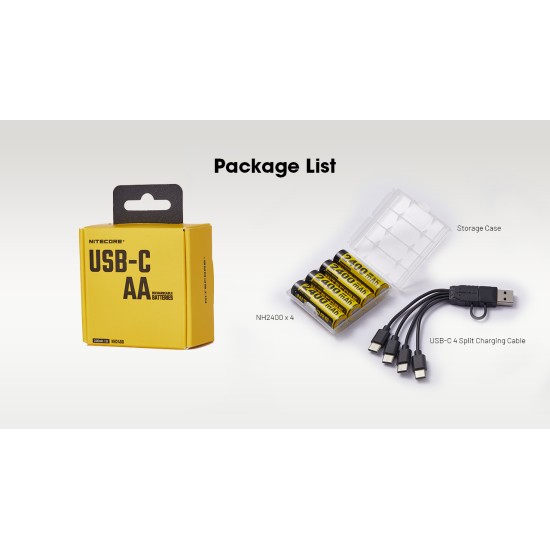 Nitecore NH2400 2400mAh USB-C Rechargeable 1.5V Li-ion AA Battery 4-Pack (NH2400 - 1.5V)