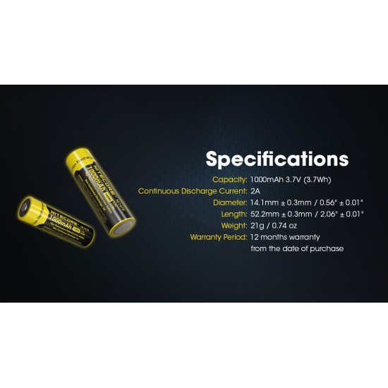 Nitecore 14500 1000mAh Rechargeable Li-ion Battery (NL1410 - 3.7V)