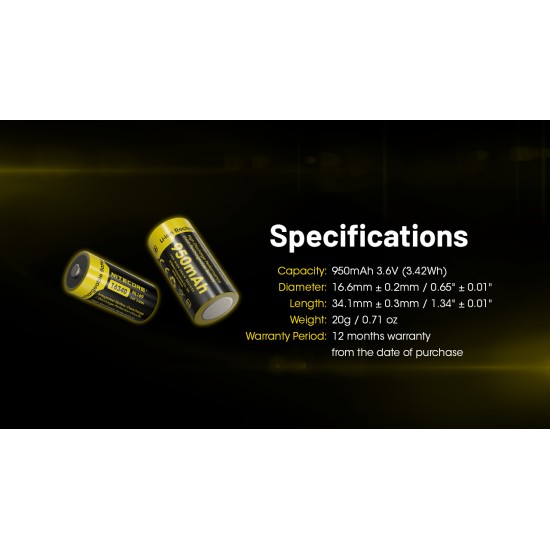 Nitecore RCR123A 950mAh Rechargeable Li-ion Battery (NL169 - 3.6v)