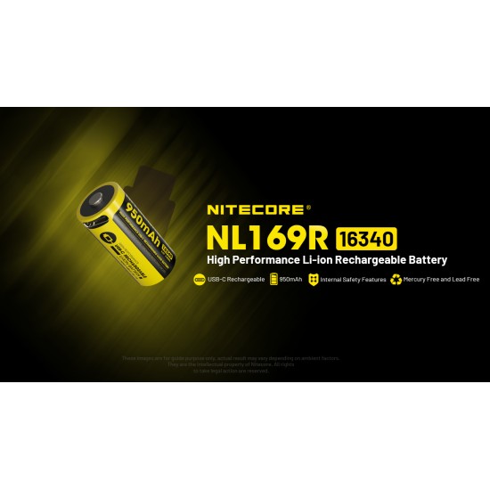 Nitecore RCR123A (16340) 950mAh USB Rechargeable Li-ion Battery (NL169R - 3.6V)