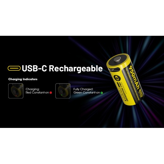 Nitecore RCR123A (16340) 950mAh USB Rechargeable Li-ion Battery (NL169R - 3.6V)