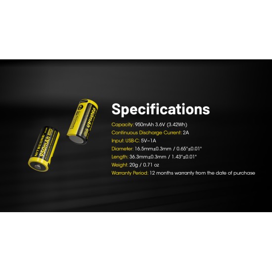 Nitecore RCR123A (16340) 950mAh USB Rechargeable Li-ion Battery (NL169R - 3.6V)