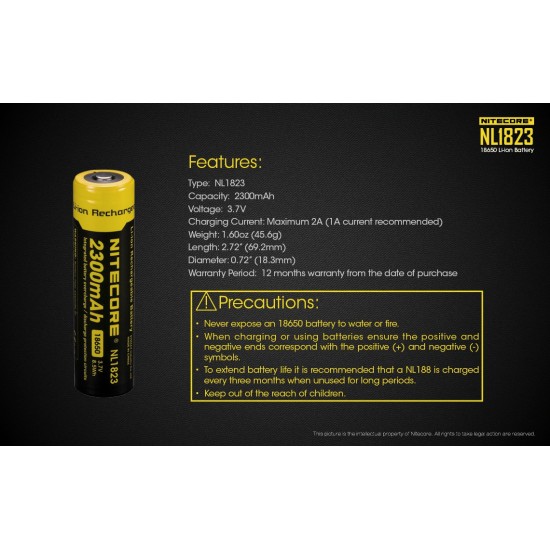 Nitecore 18650 2300mAh 3.7v Rechargeable Li-ion Battery - NL1823 (New Version)