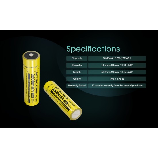 Nitecore 18650 3600mAh Rechargeable Li-ion Battery (NL1836 - 3.6v)