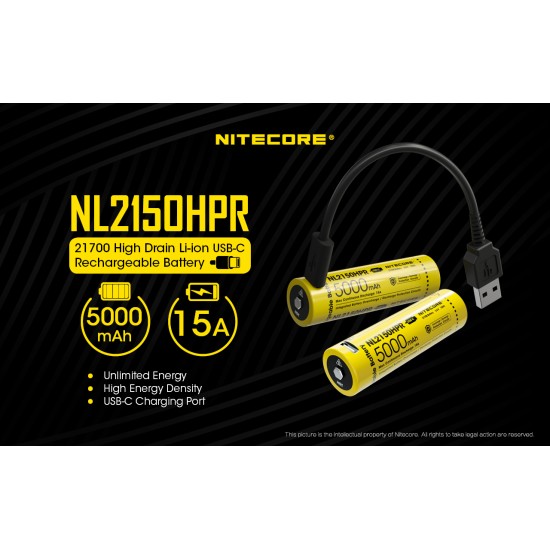 Nitecore NL2150HPR 21700 5000mAh 15A High Discharge Rechargeable Li-ion Battery, 3.6v, USB-C Charging Port