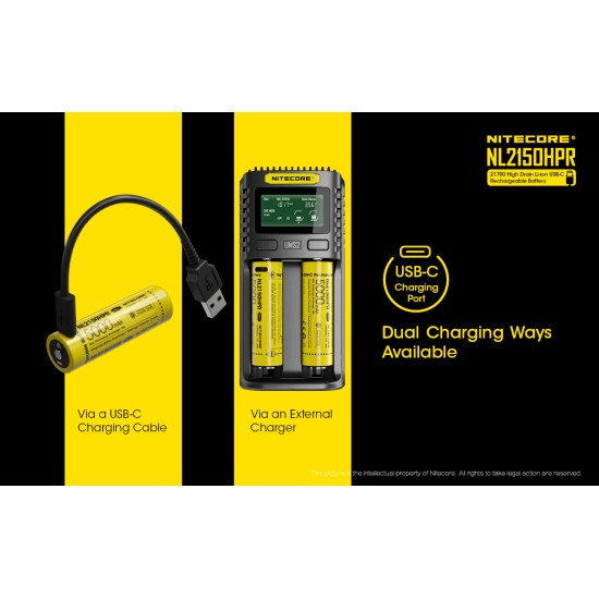 Nitecore NL2150HPR 21700 5000mAh 15A High Discharge Rechargeable Li-ion Battery, 3.6v, USB-C Charging Port