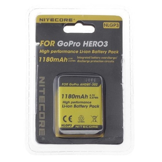Nitecore NLGP3 1180mah 3.7v Battery (AHDBT-302) for GoPro Hero3 and Hero3+ Cameras