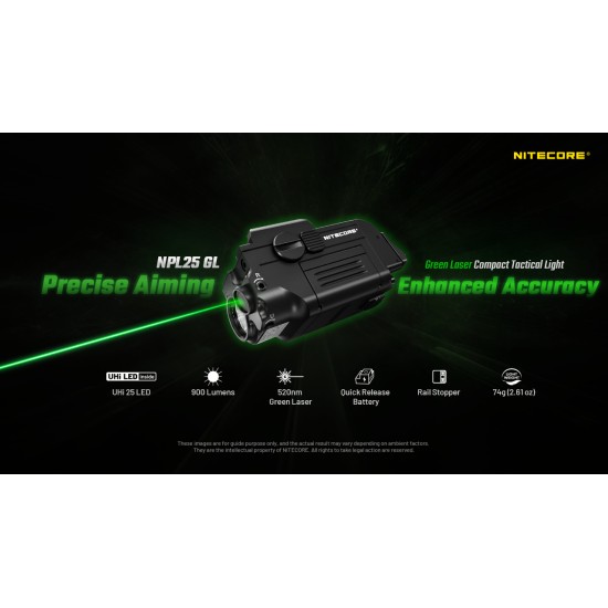 Nitecore NPL25 GL - High Performance Universal Weapon Light with Green Laser, Picatinny Rail Mount, Recoil Proof (900 Lumens, Inbuilt Battery)