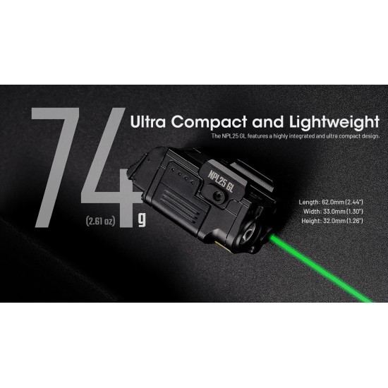 Nitecore NPL25 GL - High Performance Universal Weapon Light with Green Laser, Picatinny Rail Mount, Recoil Proof (900 Lumens, Inbuilt Battery)