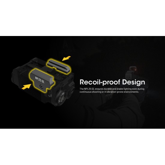 Nitecore NPL25 GL - High Performance Universal Weapon Light with Green Laser, Picatinny Rail Mount, Recoil Proof (900 Lumens, Inbuilt Battery)