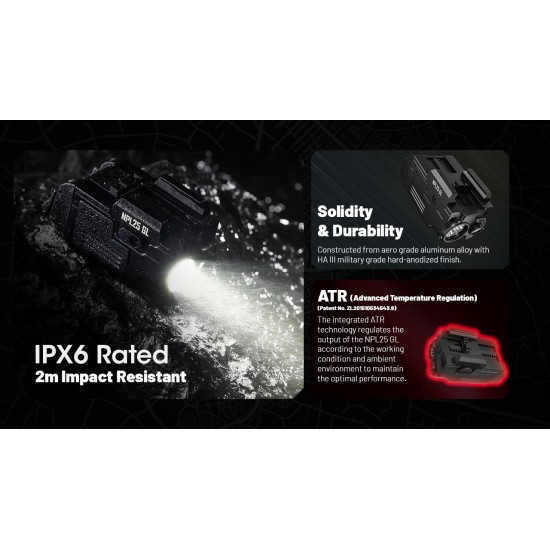 Nitecore NPL25 GL - High Performance Universal Weapon Light with Green Laser, Picatinny Rail Mount, Recoil Proof (900 Lumens, Inbuilt Battery)