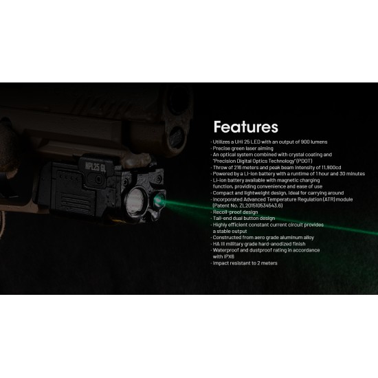 Nitecore NPL25 GL - High Performance Universal Weapon Light with Green Laser, Picatinny Rail Mount, Recoil Proof (900 Lumens, Inbuilt Battery)