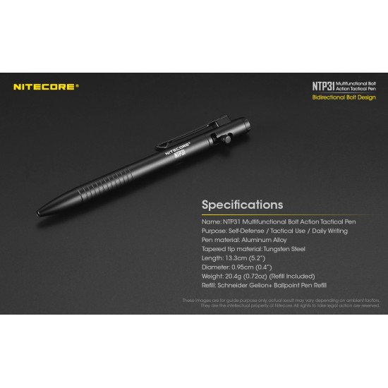 Nitecore NTP31 Tactical Pen, Multi-Functional Bolt Action, Glass Breaker