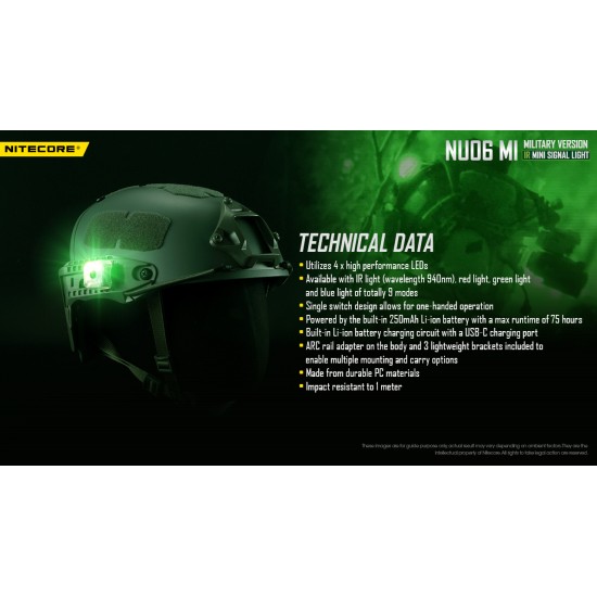 Nitecore NU06 MI - Rechargeable IR Beacon Light designed for Military Operations - IR and Green Outputs for Helmets and Backpacks