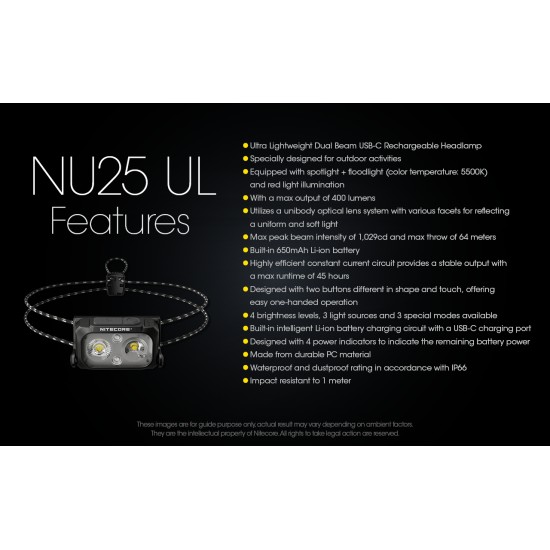 Nitecore NU25 UL USB-C Rechargeable Feather-Light LED Headlamp, Dual Beam (400 Lumens, Built-in Battery), Glow in the Dark Band