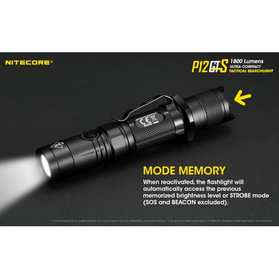 Nitecore P12GTS - Pocket Flooder Tactical LED Flashlight (1800 Lumens, 226mts, 1x18650 >8A/IMR)