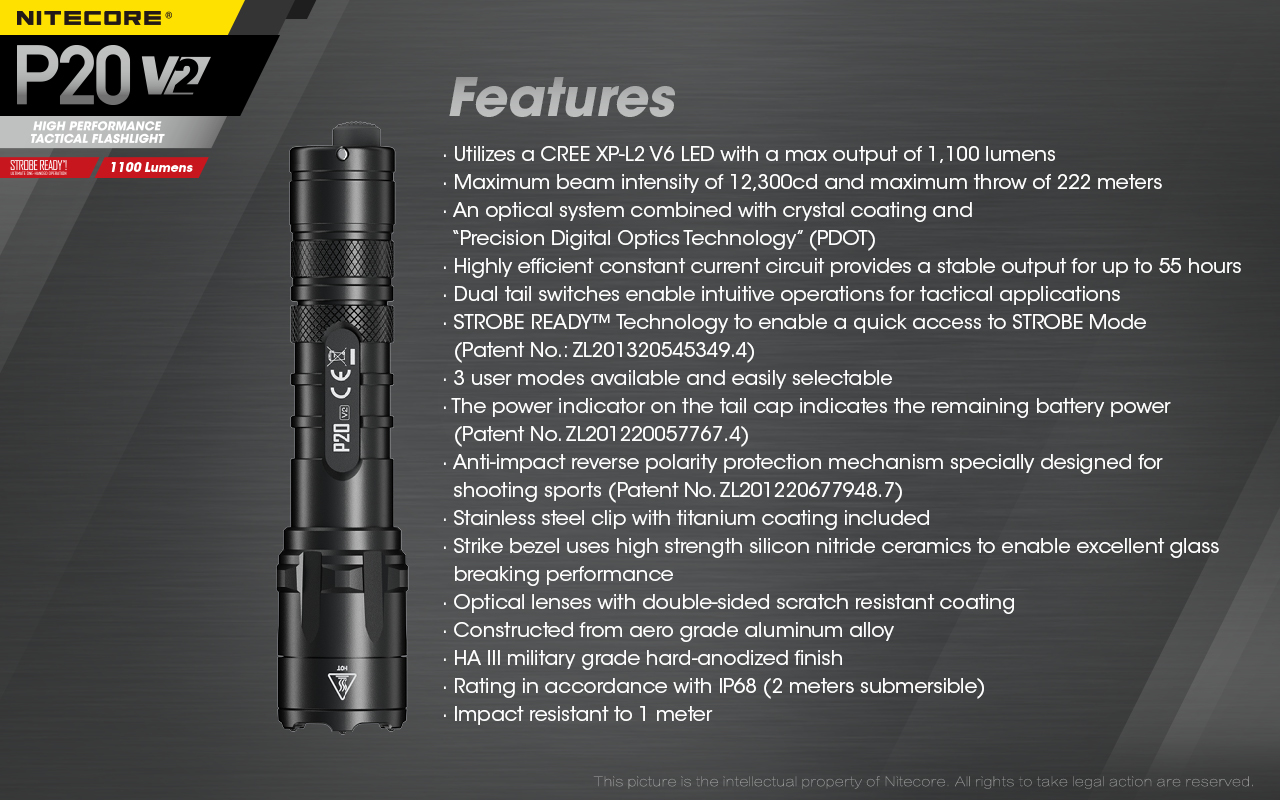Nitecore P20 V2 Instant Strobe Tactical LED Flashlight for Police, Security, Self Defense