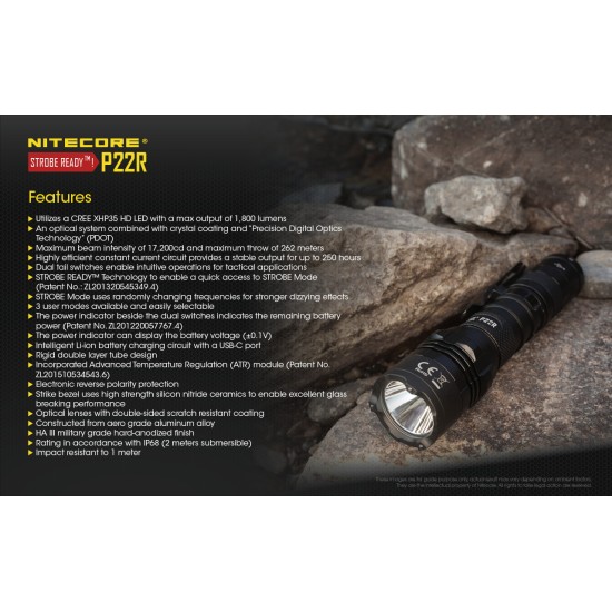 Nitecore P22R - High Performance Rechargeable Tactical Flashlight with Instant Strobe for Law Enforcement (1800 Lumens, 1xIMR18650)