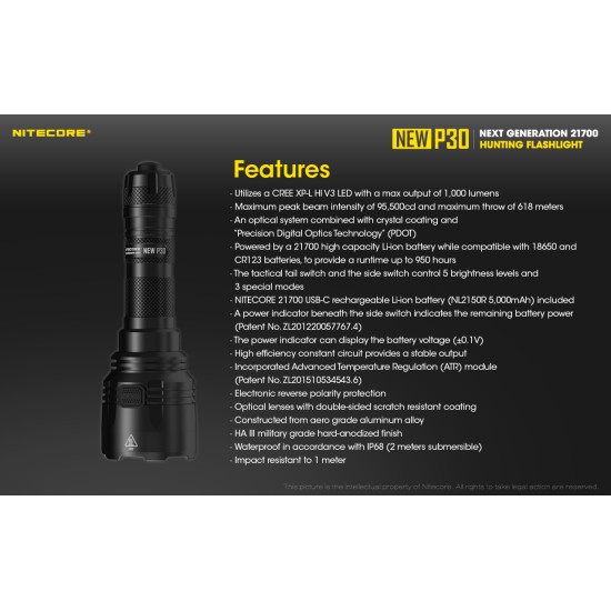 Nitecore NEW P30 - USB Rechargeable Pocket Thrower 618mts Tactical LED Flashlight (1000 Lumens, 1x21700 or 18650) 