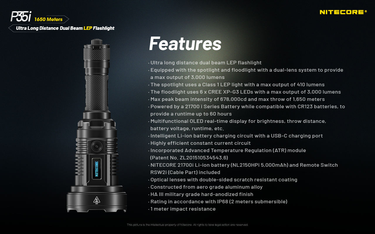Nitecore P35i - Ultra Long Range LEP Flashlight, White Laser, Nitecore ...