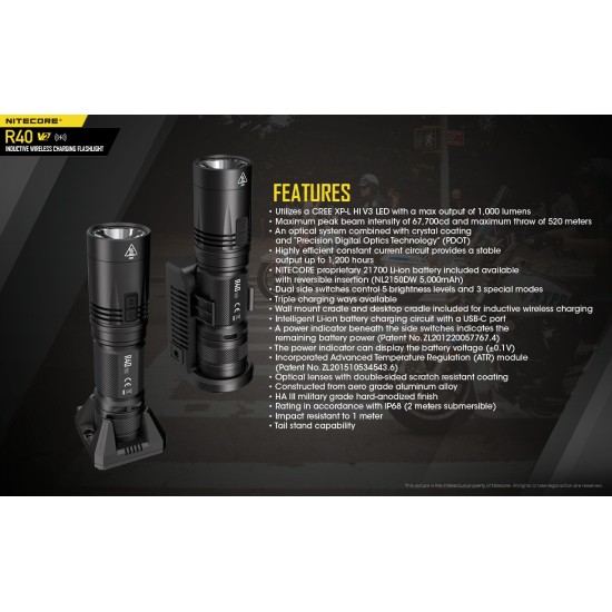 Nitecore R40 V2 - Long Range Rechargeable Duty Flashlight with Inductive Charging, USB-C Charging (1200 Lumens, 520mts, 1x21700)