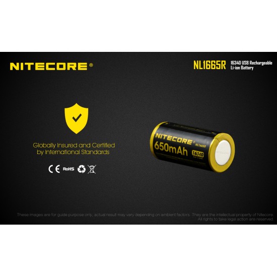 Nitecore RCR123A (16340) 650mAh USB Rechargeable Li-ion Battery (NL1665R - 3.6V)