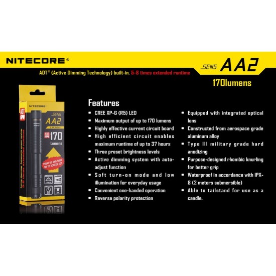 Nitecore SENS AA2 Flashlight - Active Dimming AA Flashlight - 170 Lumens