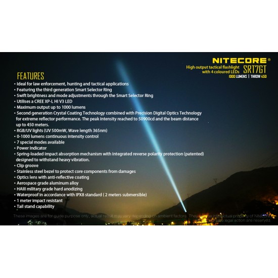 Nitecore SRT7GT - Smart Ring Tactical LED Flashlight with Police Strobe, 450mts (1000 Lumens, 1x18650)