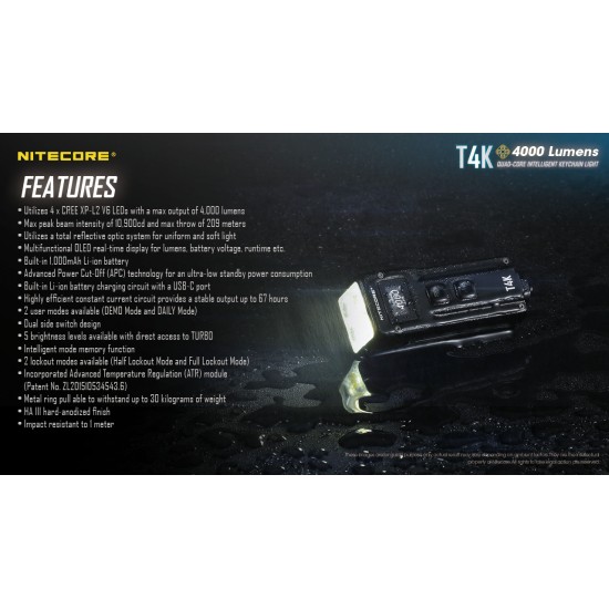 Nitecore T4K - 4000 Lumens Super Bright USB Rechargeable EDC and Keychain Flashlight with OLED Display 