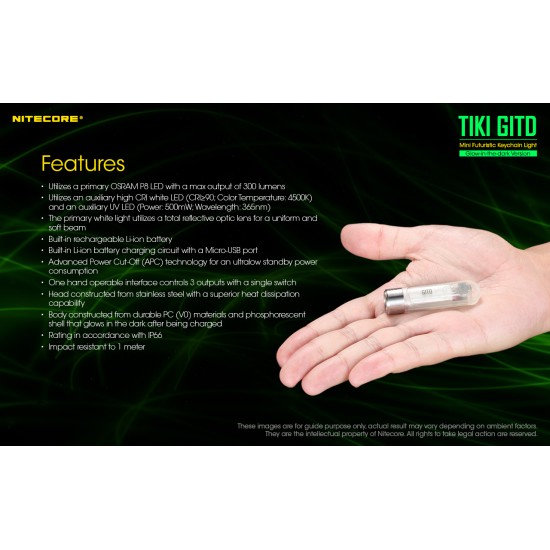 Nitecore TIKI GITD - Glow In The Dark Version (300 Lumens) - Updated USB-C Rechargeable Keychain Flashlight with White, Warm White and UV Outputs
