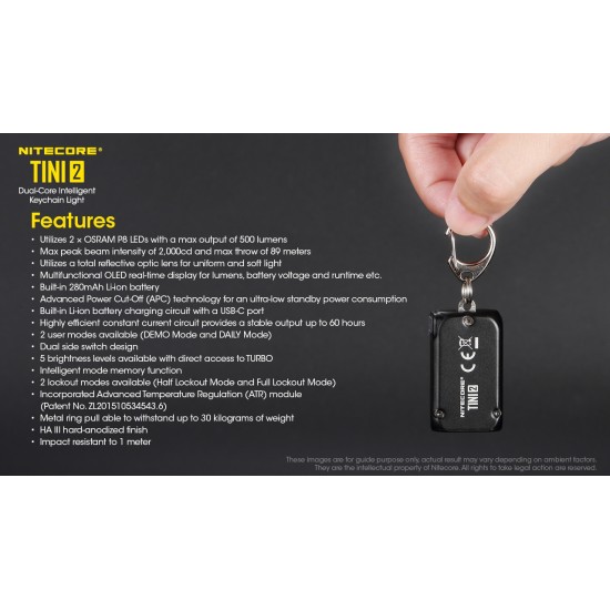 Nitecore TINI2 500 Lumens, USB-C Rechargeable Keychain Flashlight with OLED Display