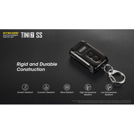 Nitecore TINI2 SS Edition Keychain Flashlight, 500 Lumens, USB-C Rechargeable Stainless Steel Body with OLED Display
