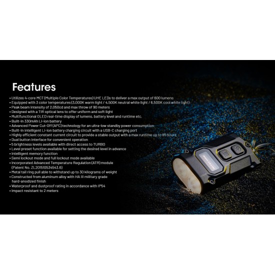 Nitecore TINI3 600 Lumens, USB-C Rechargeable Keychain Flashlight with OLED Display