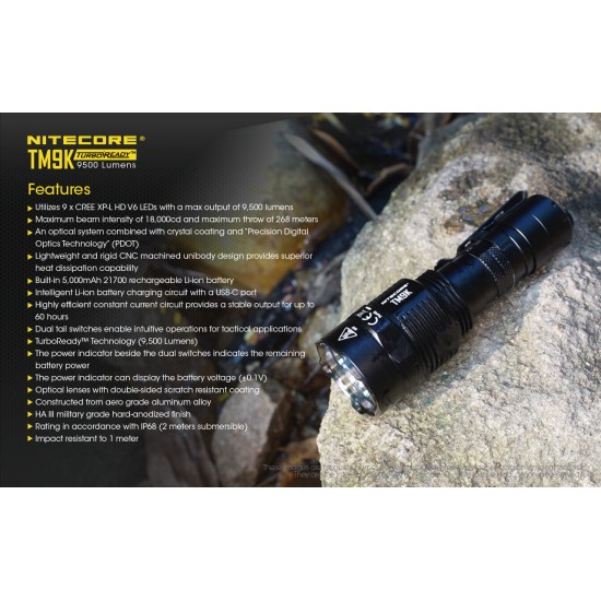 Nitecore TM9K - 9500 Lumens High Power Instant Turbo Pocket Monster Flashlight (USB-C Rechargeable)