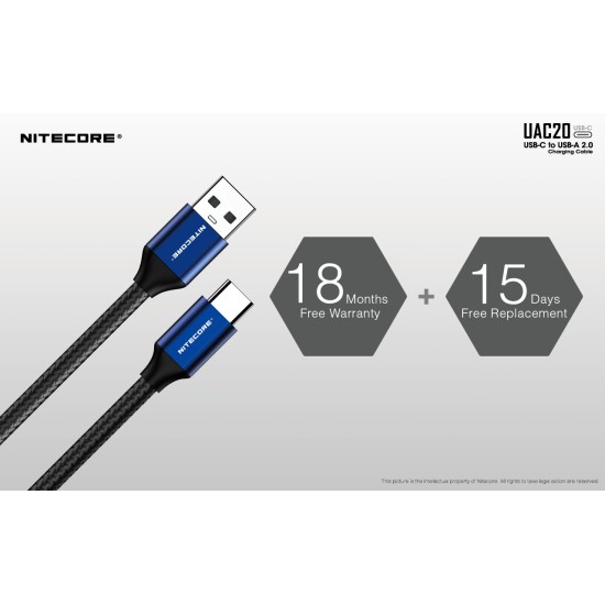 Nitecore UAC20 USB-C to USB-A 2.0 Charging and Data Cable (MAX 3A) - 1mt/3.3ft  