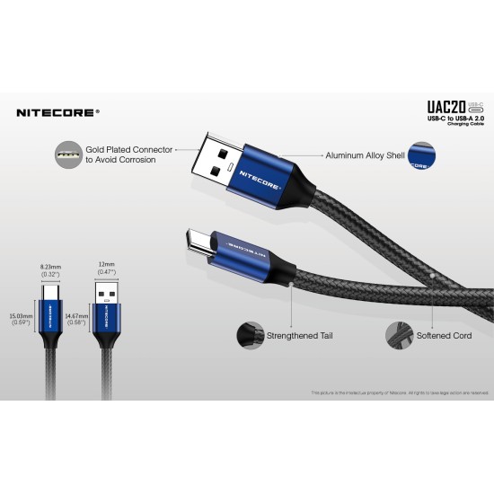 Nitecore UAC20 USB-C to USB-A 2.0 Charging and Data Cable (MAX 3A) - 1mt/3.3ft  