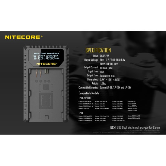 Nitecore UCN1 Compact USB Travel Charger for Canon DSLR Camera Batteries (Dual Slot with LCD Display)