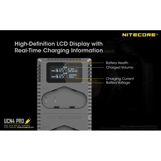 Nitecore UCN4 Pro Compact USB Travel Charger for Canon 1D DSLR Camera Batteries (Dual Slot with LCD Display)