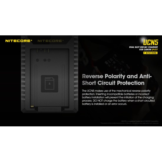 Nitecore UCN5 Compact USB-C Travel Charger for Canon LP-E17 Camera Batteries (Dual Slot with LCD Display)