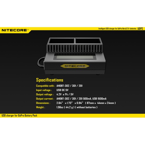 Nitecore UGP3 USB Charger for GoPro Hero3 and Hero3+ Cameras
