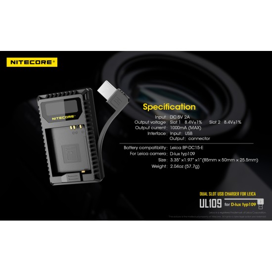 Nitecore UL109 Compact USB Travel Charger for Leica Camera Batteries (Dual Slot with LCD Display)
