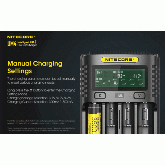 Nitecore UM4, 4-Slot Intelligent USB Quick Charger with Digital Display (for Li-ion, IMR, Ni-MH, LiFePO4 Batteries)