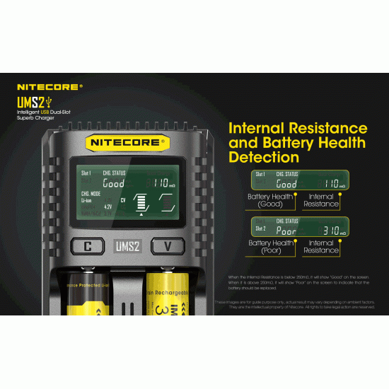 Nitecore UMS2, 2-Slot Intelligent USB Quick Charger(3A) with Digital Display (for Li-ion, IMR, Ni-MH, LiFePO4 Batteries)