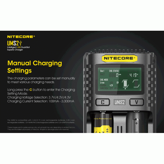 Nitecore UMS2, 2-Slot Intelligent USB Quick Charger(3A) with Digital Display (for Li-ion, IMR, Ni-MH, LiFePO4 Batteries)