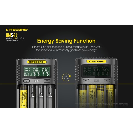 Nitecore UMS4, 4-Slot Intelligent USB Quick Charger(3A) with Digital Display (for Li-ion, IMR, Ni-MH, LiFePO4 Batteries)
