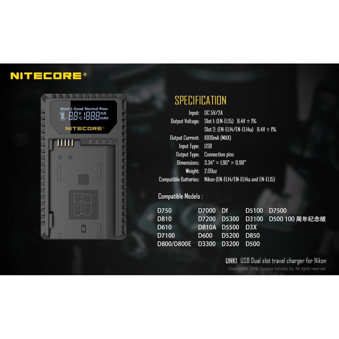 Nitecore UNK1 Compact USB Travel Charger for Nikon Camera Batteries (Dual Slot with LCD Display)