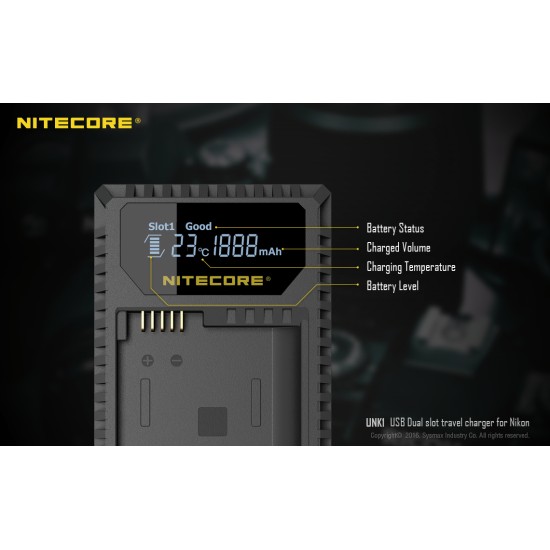 Nitecore UNK1 Compact USB Travel Charger for Nikon Camera Batteries (Dual Slot with LCD Display)