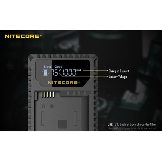 Nitecore UNK1 Compact USB Travel Charger for Nikon Camera Batteries (Dual Slot with LCD Display)